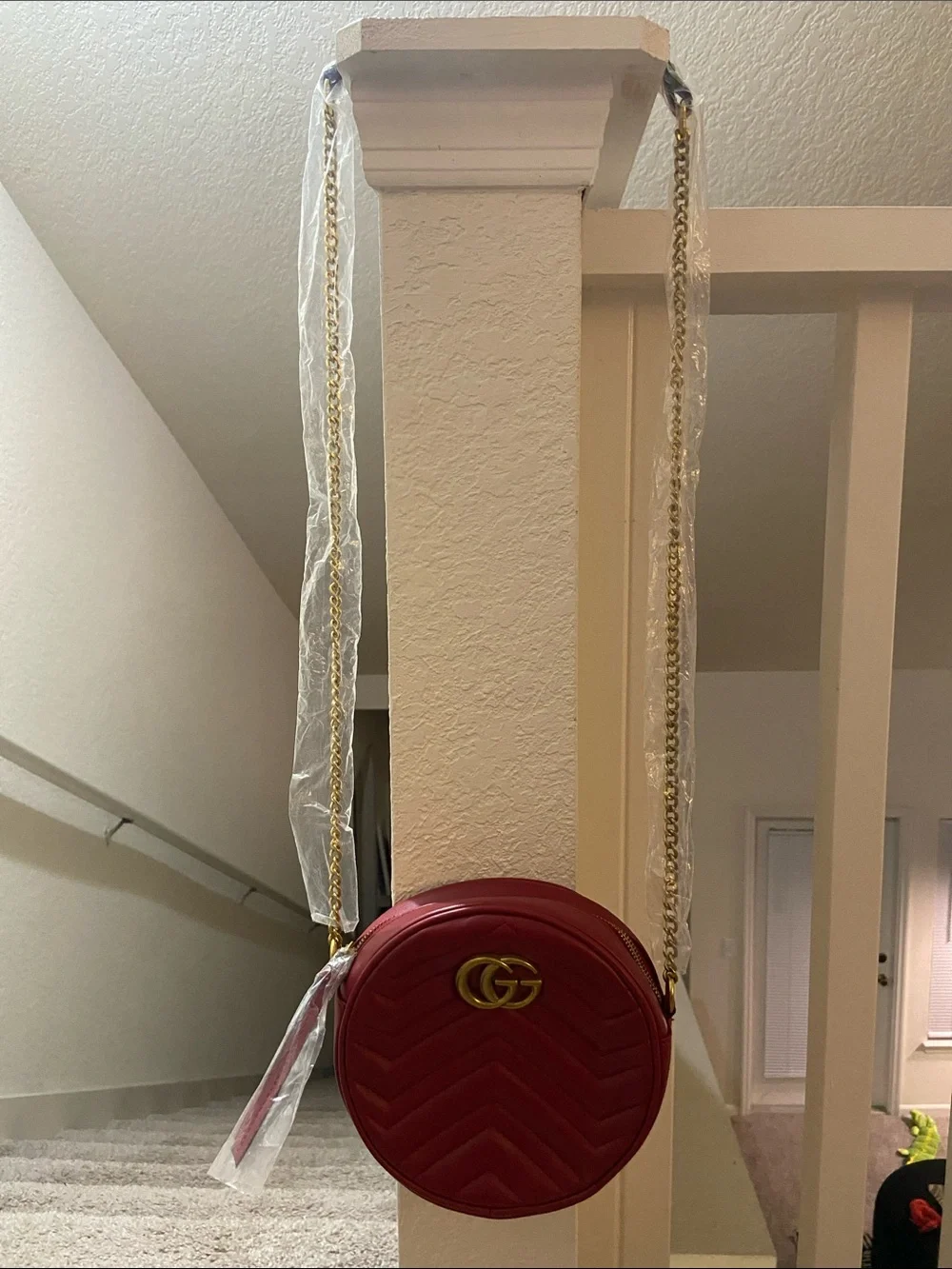 Designer inspired G G Red Quilted Round Crossbody with Gold Double-G